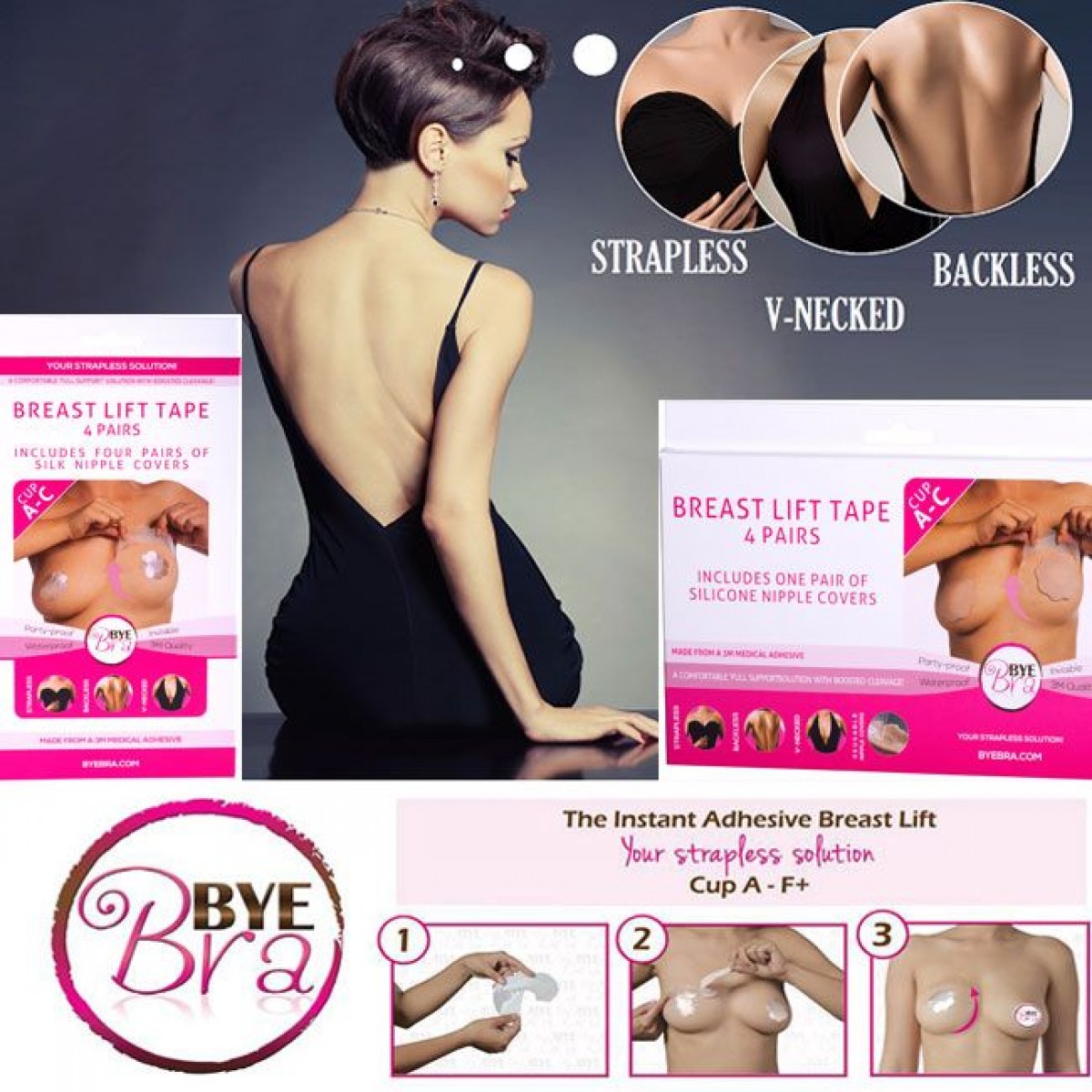 Bye Bra Breast Lift Tape and Silk Nipple Covers Cup F-H